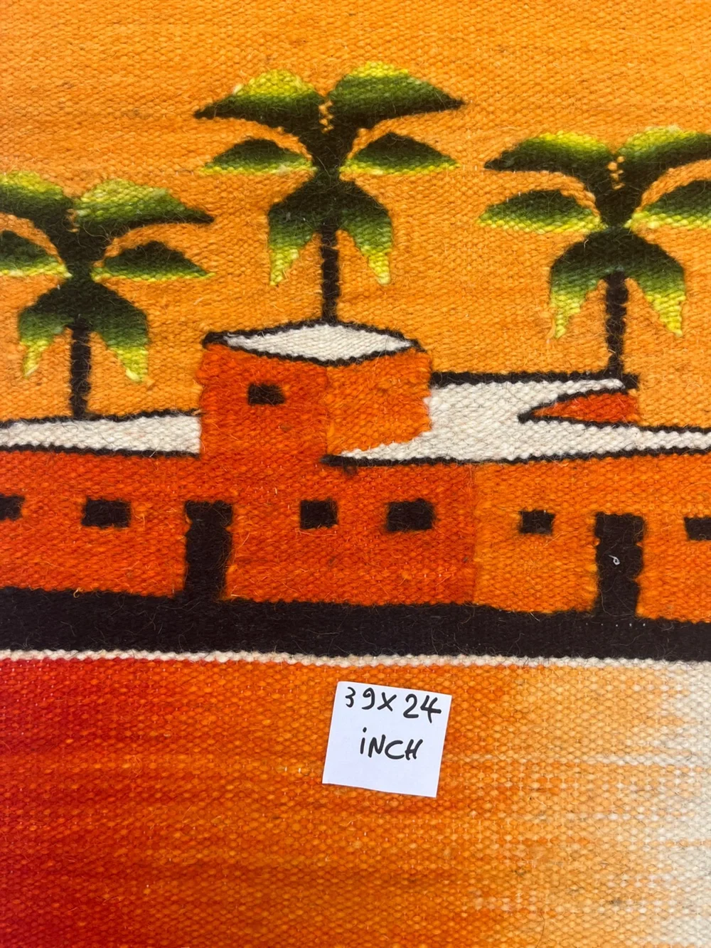 Orange Sunset Village Tapestry Wall Hanging. Handmade 39X24”